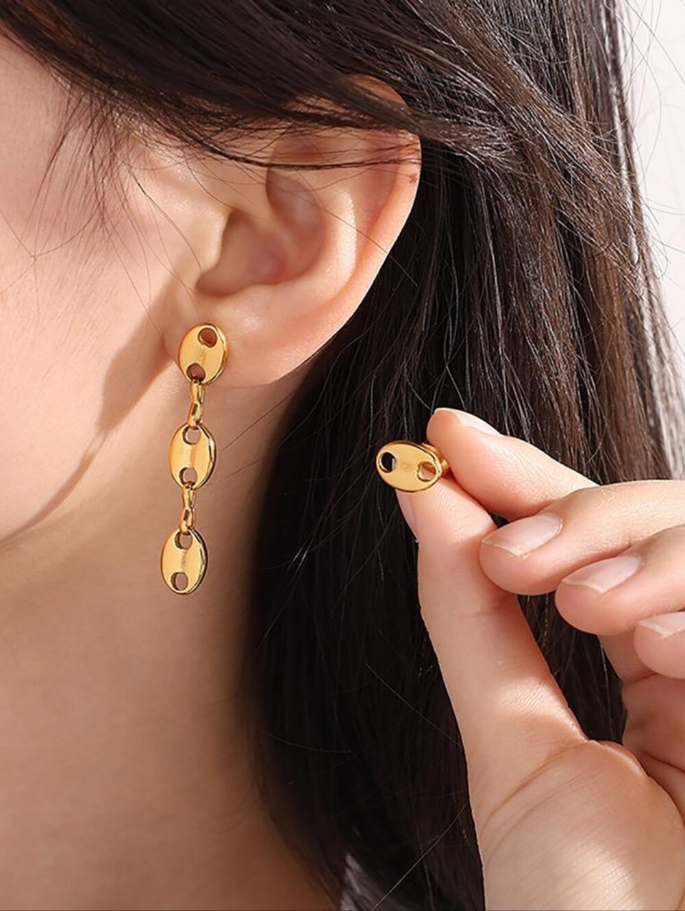 Gold Oval Link Dangle Drop Earrings Modern Statement Jewelry